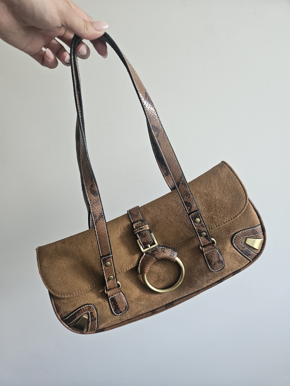 Vintage Brown Suede Shoulder Bag with Snake-Print Trim